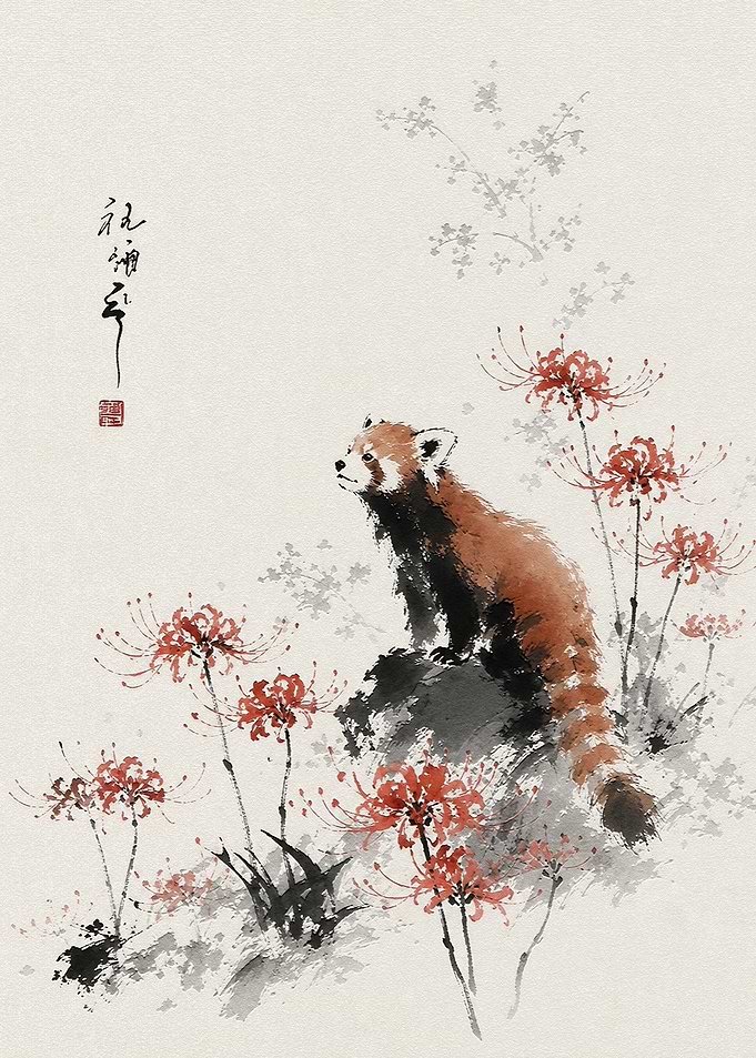 Red Panda with Spider Lilies