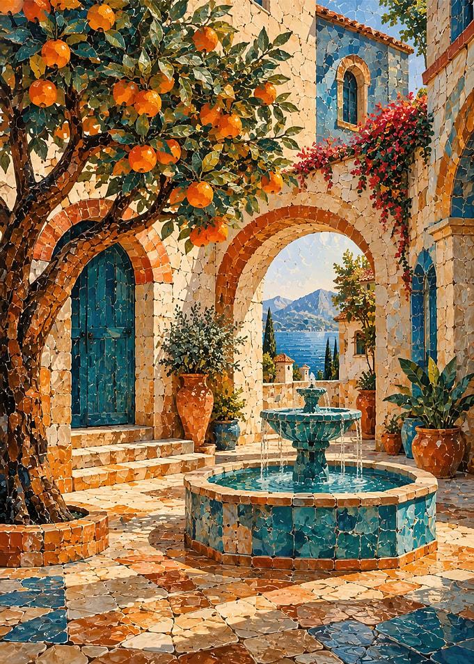 Mediterranean Courtyard with Orange Tree