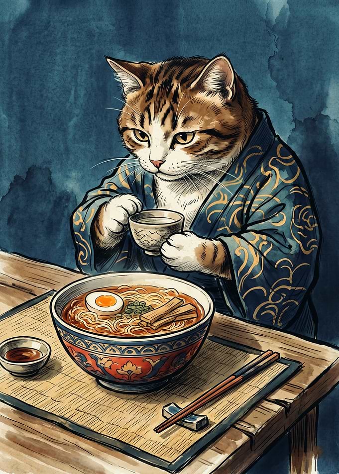 Cat Kimono Japanese Watercolor Art Ramen Bowl Dining Cute Animal Aesthetic Wall Poster