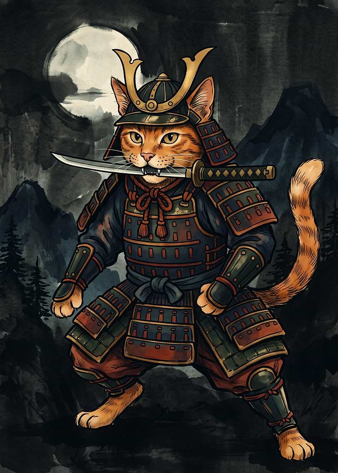 Samurai Cat Japanese Watercolor Art Warrior Kitten Full Moon Mountain Night View Poster