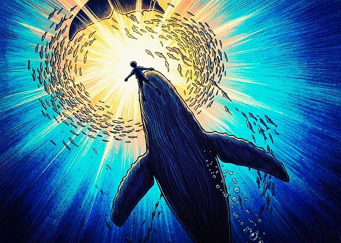 Boy Swimming with a Giant Whale
