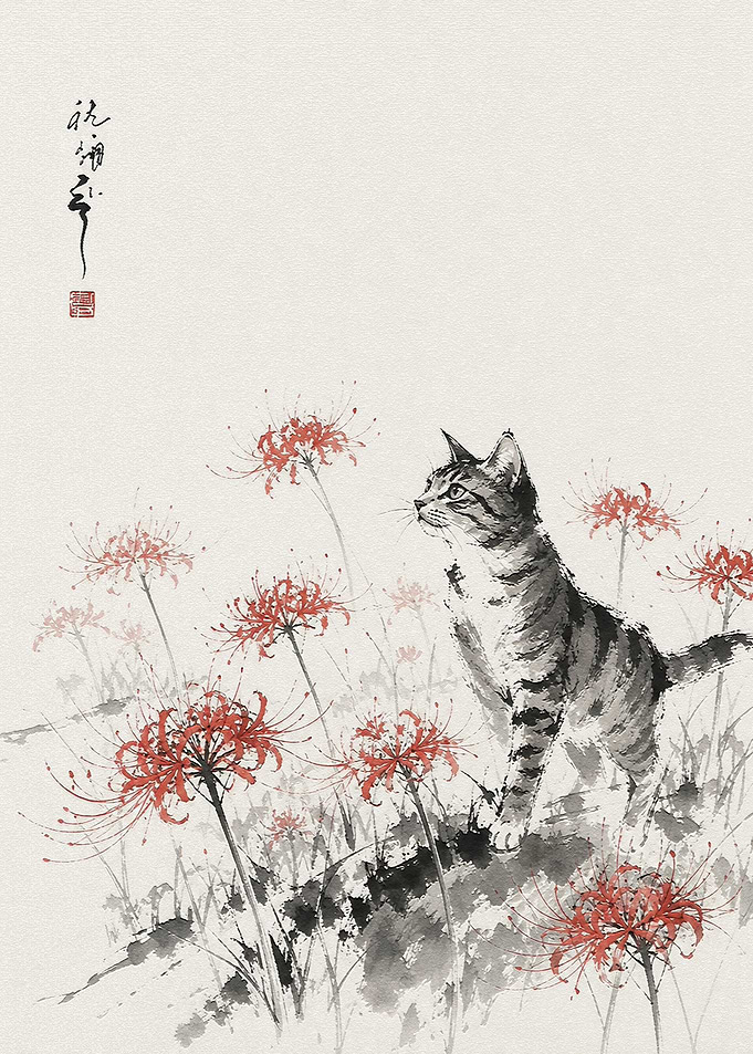 Tabby Cat Among Red Spider Lilies