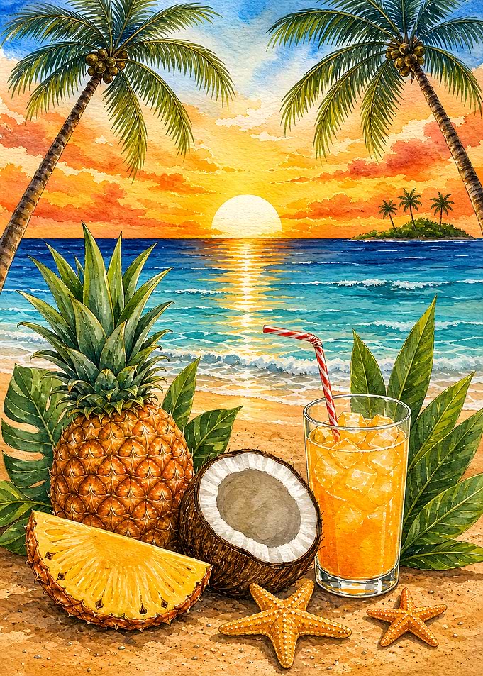 Tropical Sea Beach Sunset with Fruits