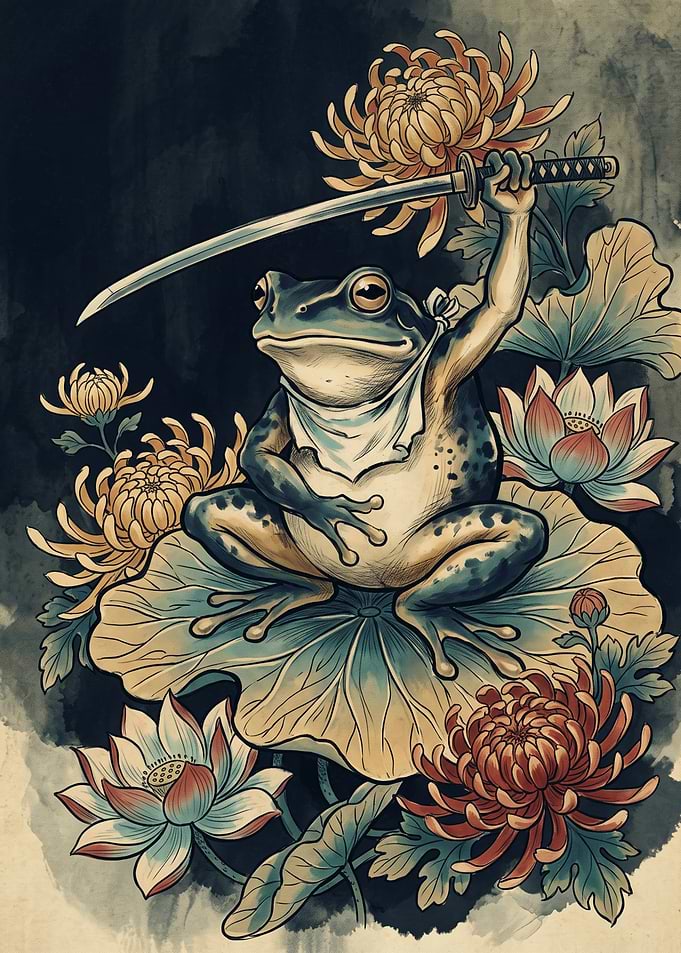 Samurai Frog Japanese Ukiyo E Art Print Lotus Flower Chrysanthemum Vintage Wall Poster