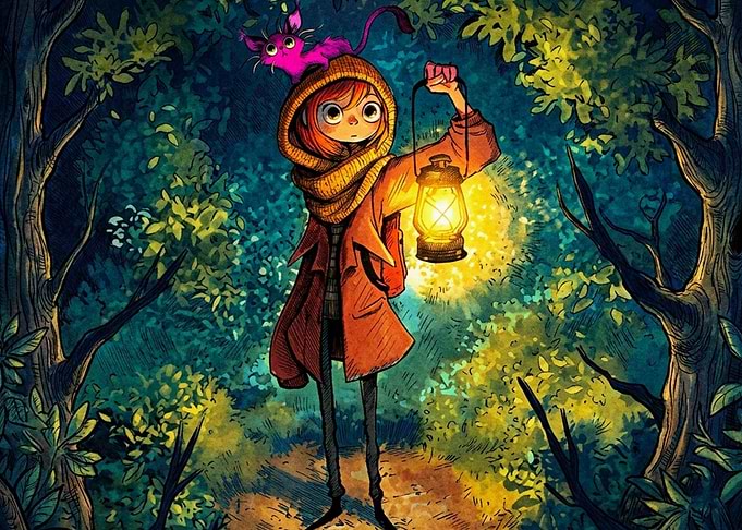 Girl with Lantern in Enchanted Forest