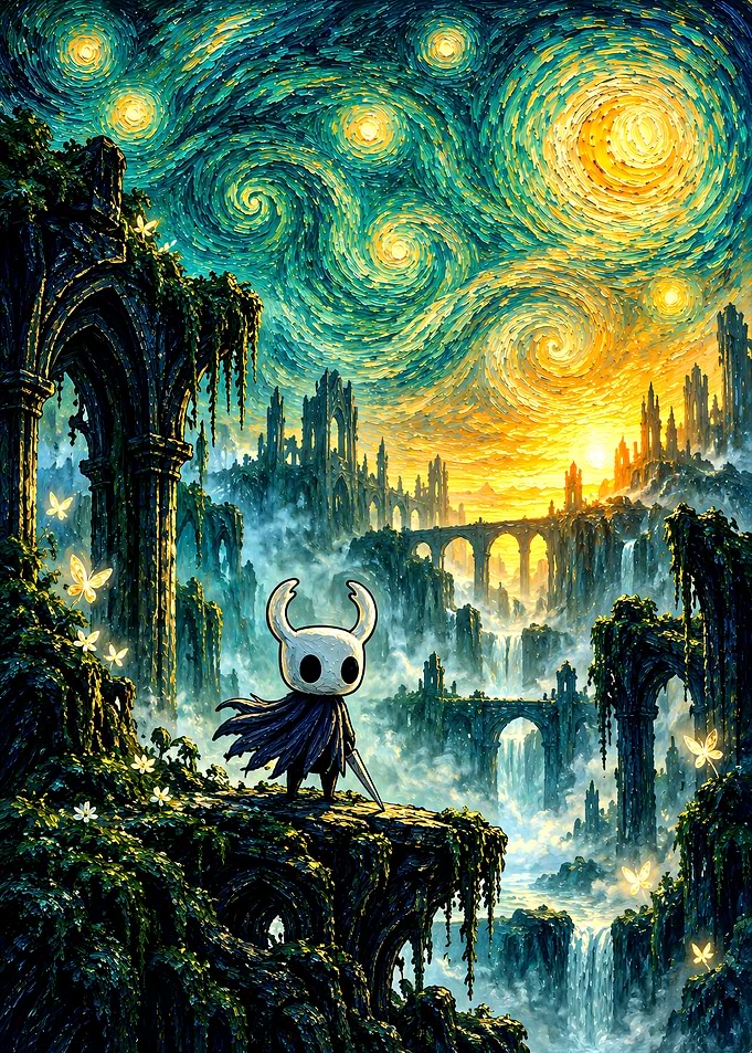 Hollow Knight in Starry Night Style