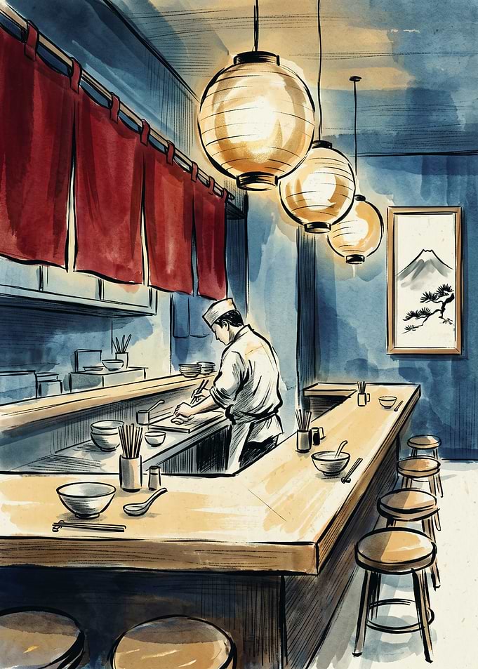 Japanese Sushi Bar Watercolor Art Print Ramen Restaurant Lantern Interior Decor Poster