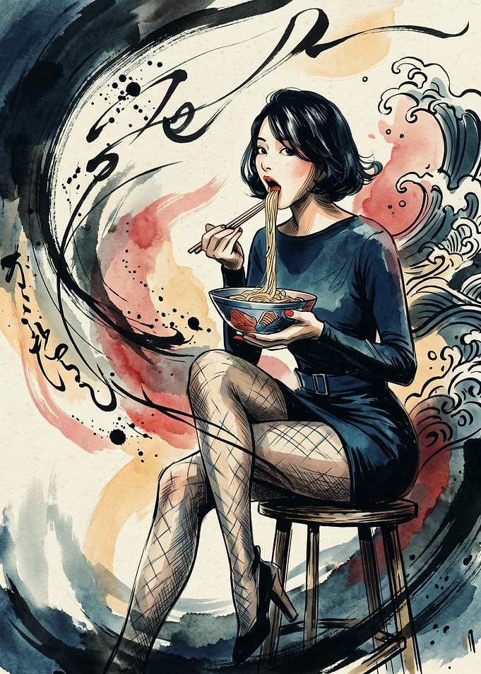 Woman Eating Noodles Japanese Food Asian Art Style