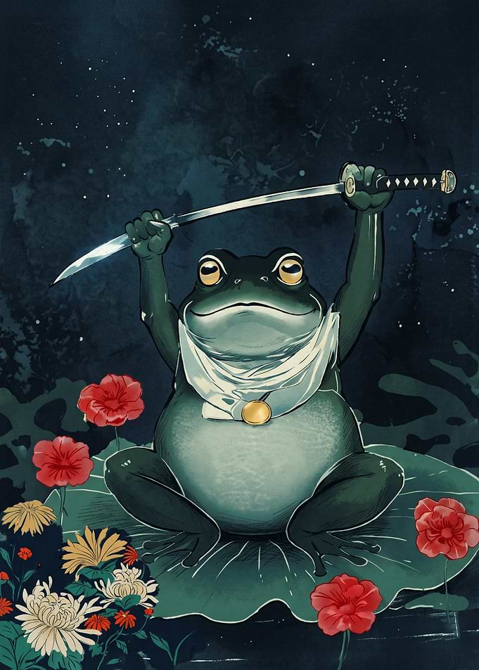 Samurai Frog Katana Sword Japanese Watercolor Art Red Flowers Night Sky Aesthetic Poster