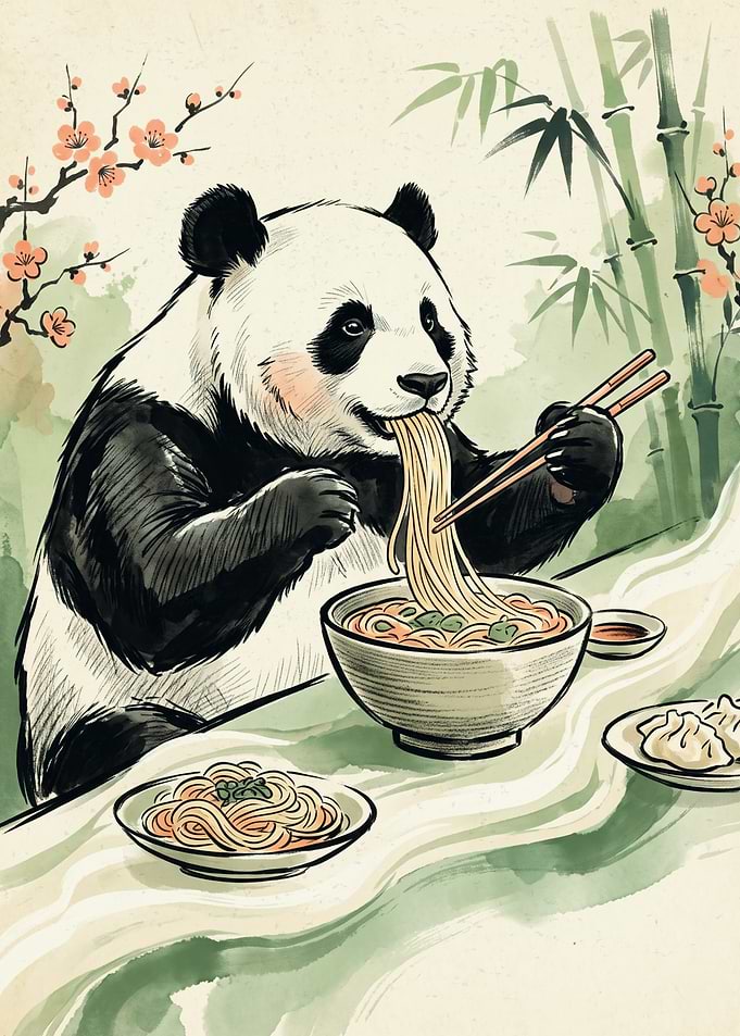 Panda Eating Noodles Japanese Watercolor Art Cute Animal Ramen Lover Poster