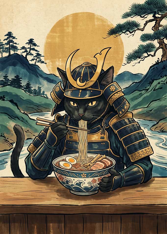 Samurai Cat Ramen Japanese Ukiyo E Art Print Vintage Golden Sun Mountain Landscape Poster