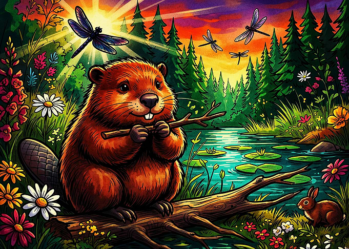 Cute Beaver by a Forest Stream