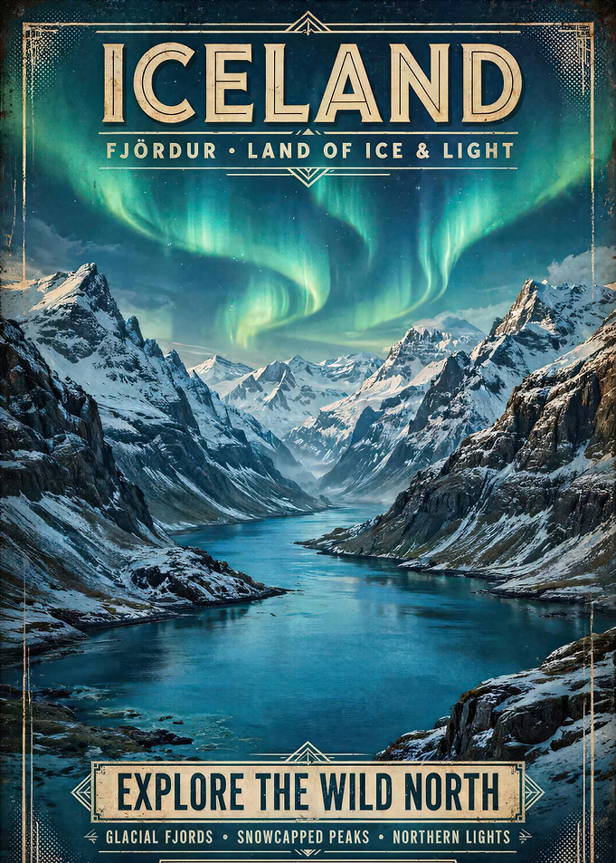 Iceland Northern Lights Travel Poster
