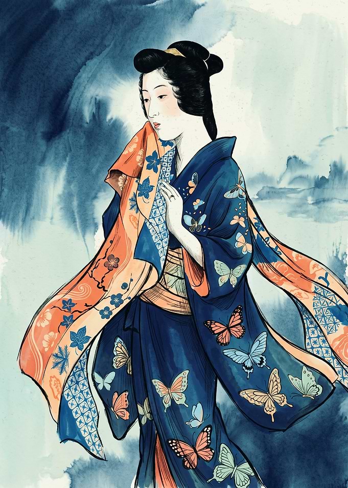 Japanese Geisha Kimono Art Print Butterfly Blue Orange Vintage Ukiyo E Wall Decor Poster