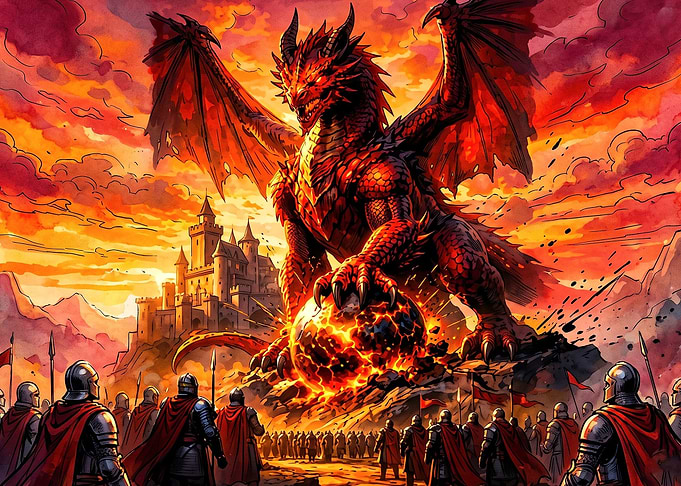 Red Dragon Confronting Medieval Army