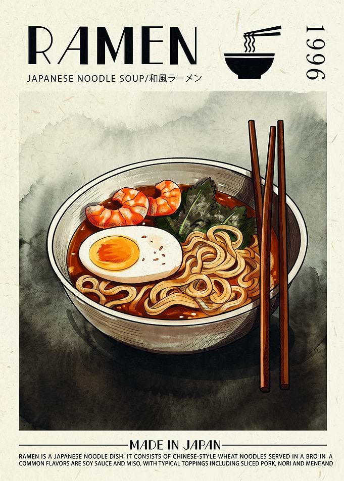 Ramen Japanese Noodle Soup Retro Watercolor Art Print Vintage Food Poster Kitchen Decor