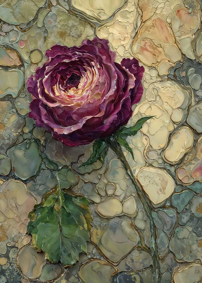 Burgundy Rose Against Abstract Stone Mosaic Background