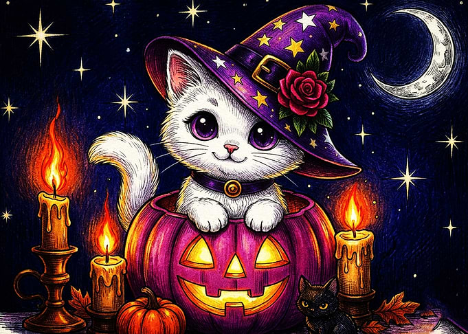 Cute Kitten in Halloween Pumpkin