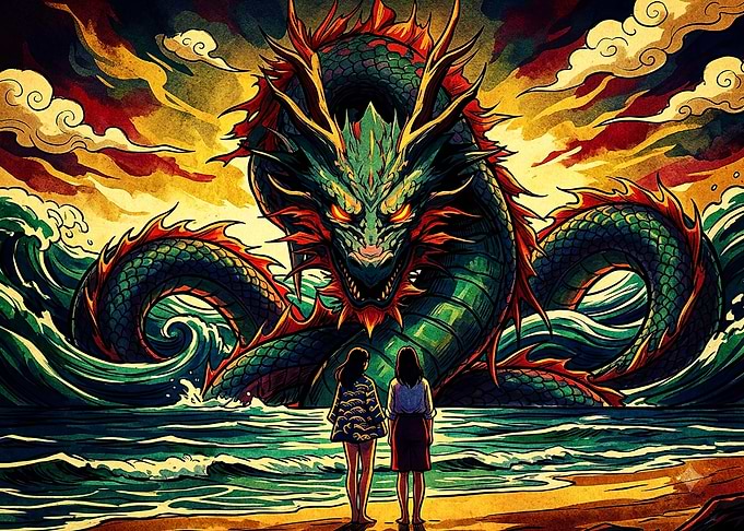 Two Women Facing a Sea Dragon
