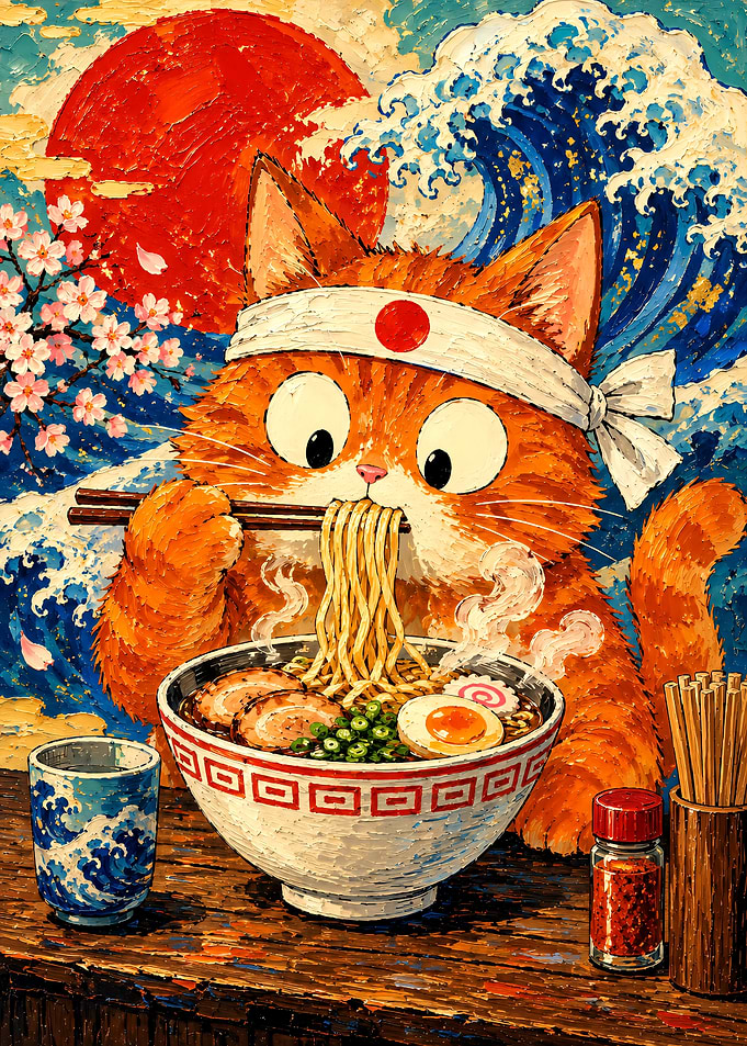 Cute Cat Eating Ramen Illustration