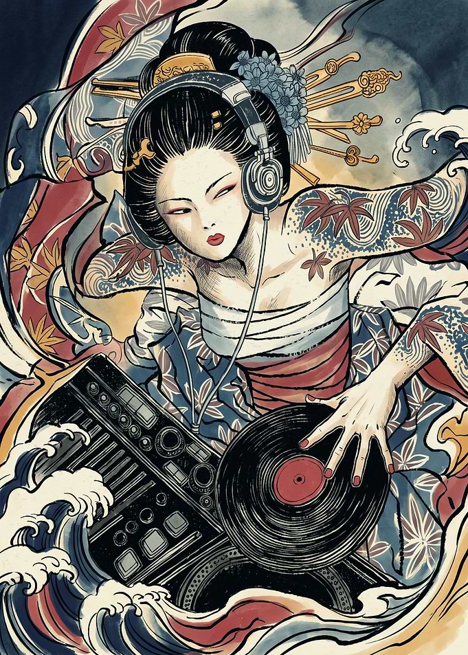 Geisha Dj Kimono Japanese Ukiyo E Art Vinyl Turntable Music Culture Wall Art Print