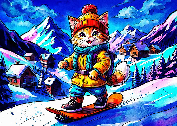 Cute Cat Snowboarding in Mountains