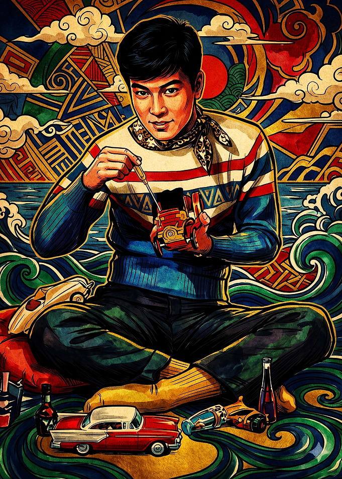 Retro Asian Man Fixing Toy Car