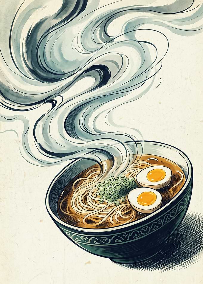 Steaming Ramen Bowl Japanese Food Ink Wash Painting Art Style
