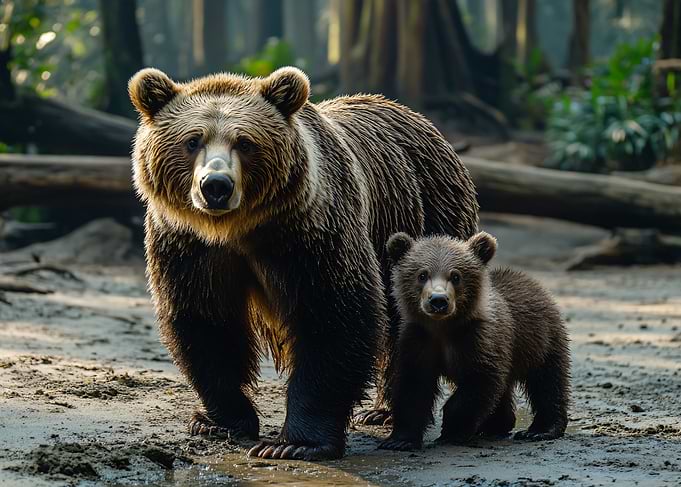 Mother Brown Bear and Her Cub