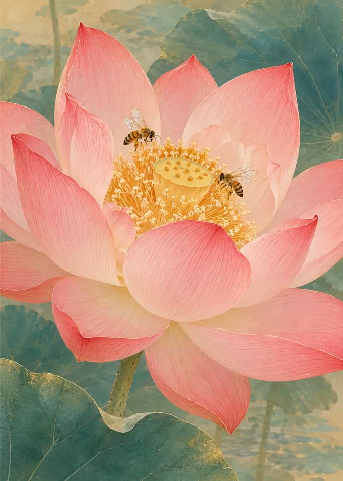 Bees on a Pink Lotus Flower