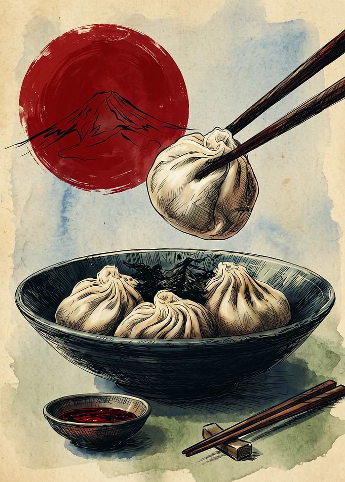 Japanese Dumpling Art Print Ramen Bowl Chopsticks Red Sun Mount Fuji Food Poster