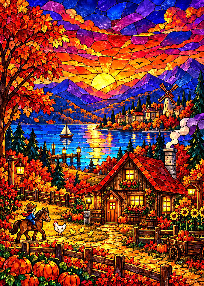 Stardew Valley Stained Glass Autumn Countryside Scene