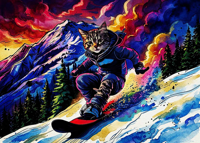 Psychedelic Cat Snowboarding Down Mountain