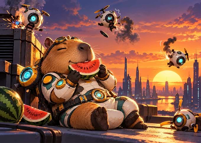 Capybara Astronaut Eating Watermelon in Space