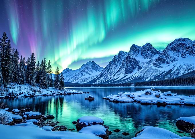 Aurora Borealis Over Snowy Mountains