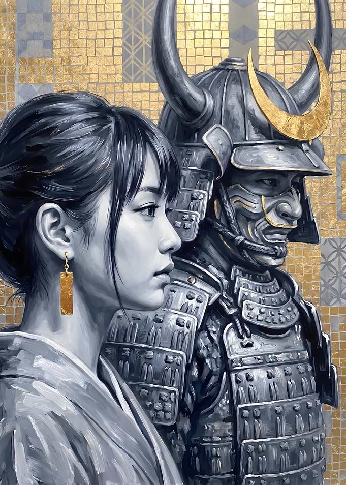 Samurai and Woman Profile in Gold Leaf