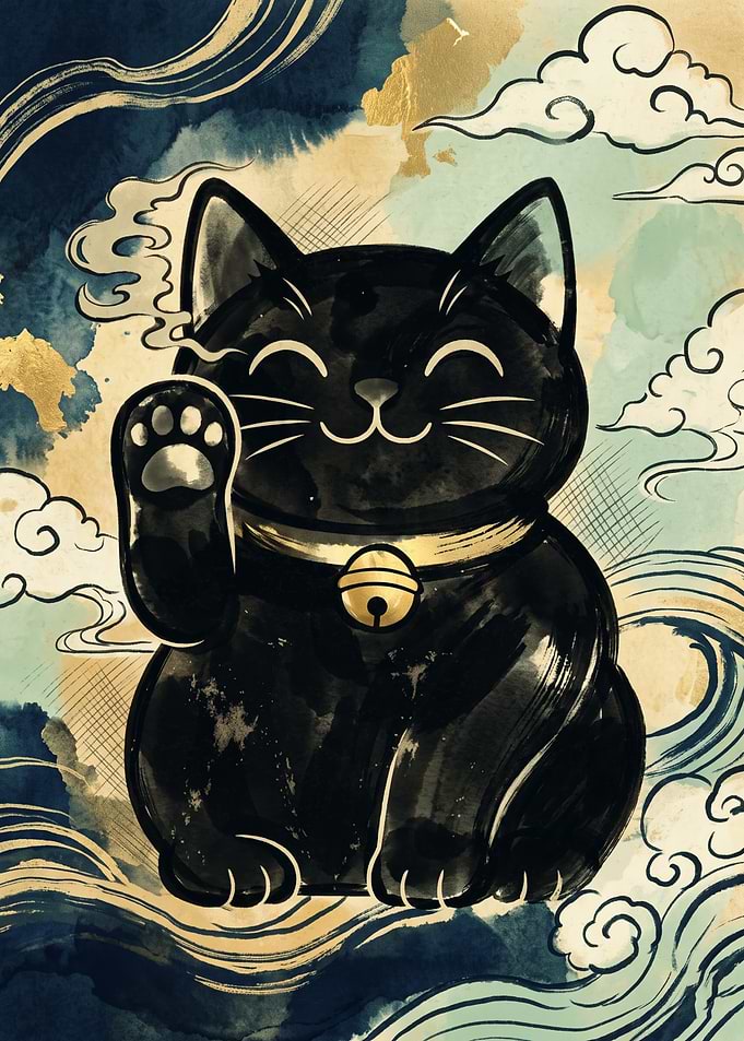 Black Maneki Neko Cat Japanese Watercolor Art Lucky Fortune Gold Cloud Waves Poster