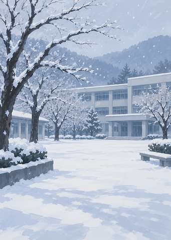 Snowy School Campus Anime Background