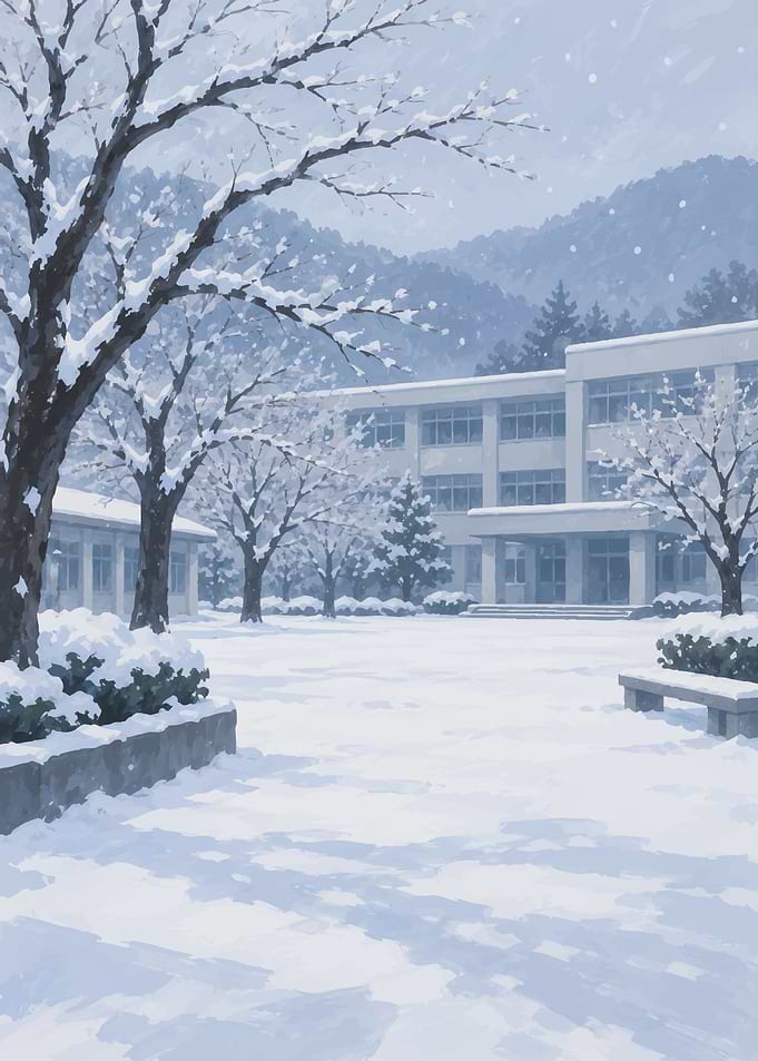 Snowy School Campus Anime Background