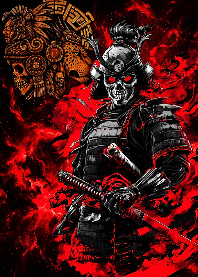 Aztec Warrior and Samurai Skull Fusion