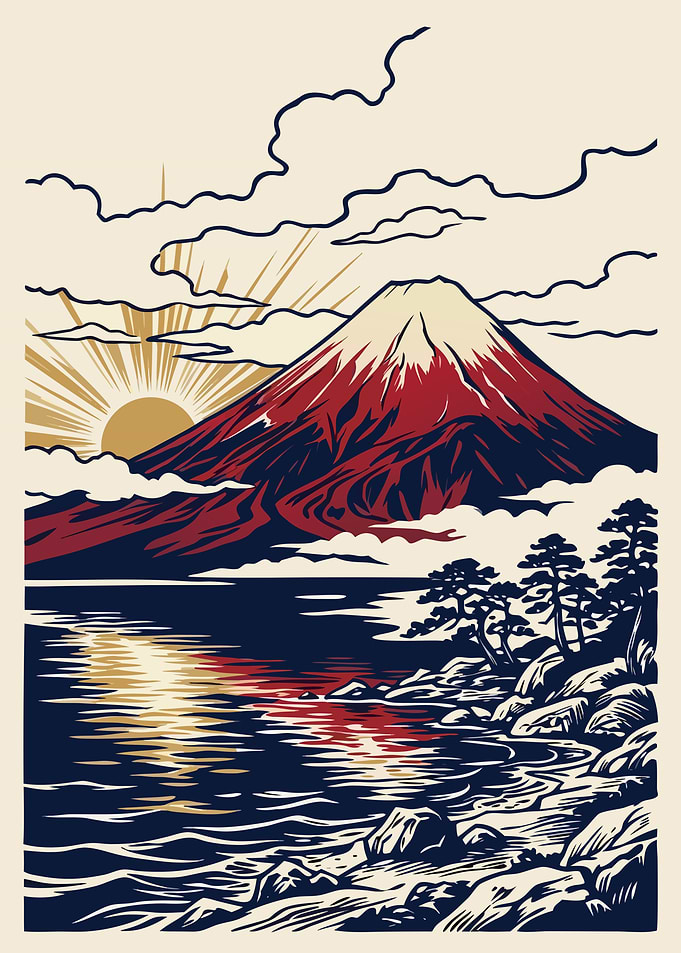 Mount Fuji Sunrise Landscape Illustration