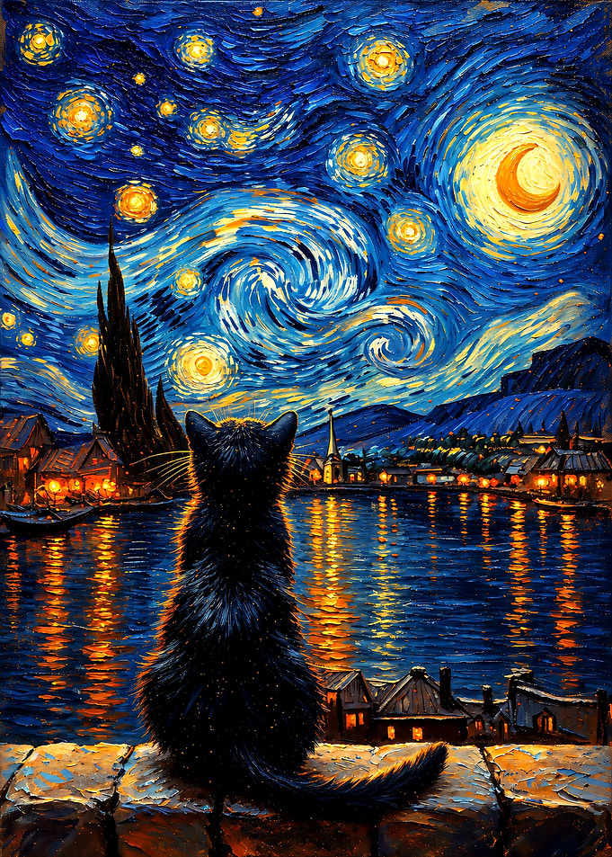 Black Cat Watching Starry Night