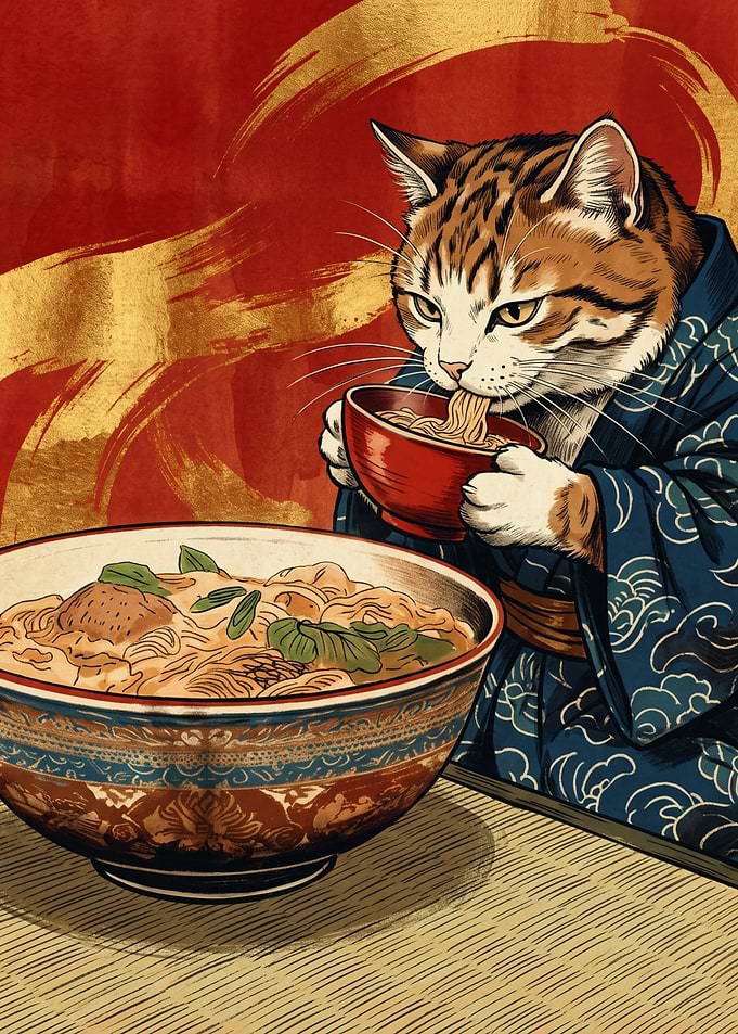 Cat Eating Ramen Noodles Japanese Art Style