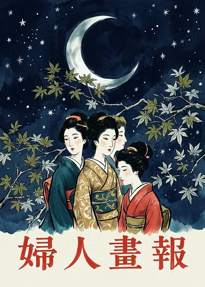 Geisha Women Night Sky Japanese Vintage Poster Asian Culture Art Style