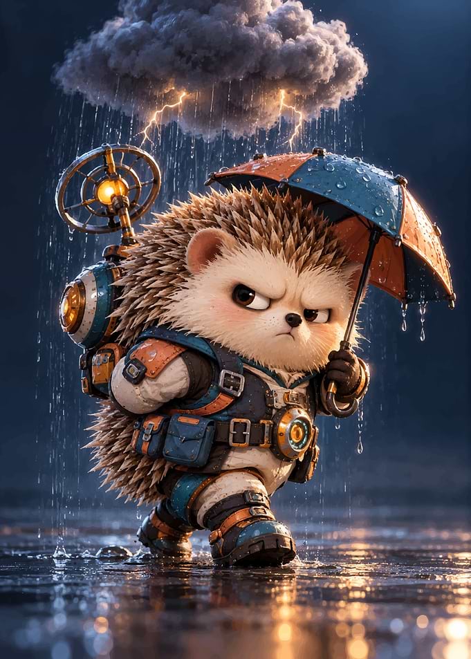Steampunk Hedgehog Adventurer in Rain