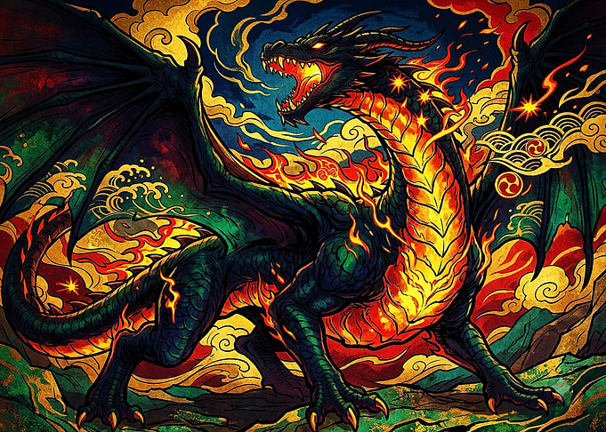 Fiery Japanese Style Dragon Illustration