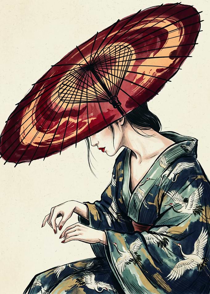Japanese Woman Kimono Ukiyo E Art Crane Bird Red Umbrella Traditional Poster Print