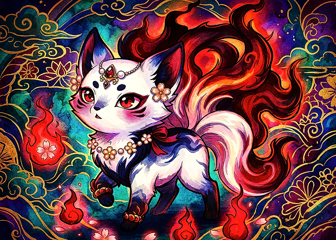 Chibi Kitsune Nine-Tailed Fox Illustration