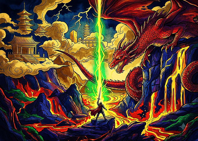 Knight Facing Dragon in Volcanic Landscape
