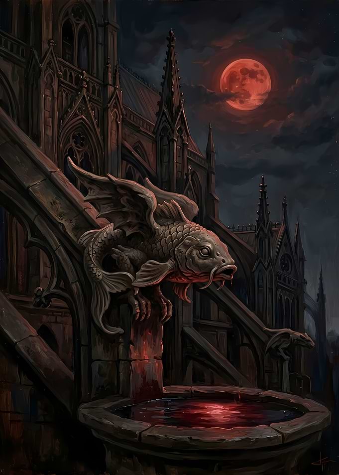 Gothic Koi Gargoyle Under Blood Moon